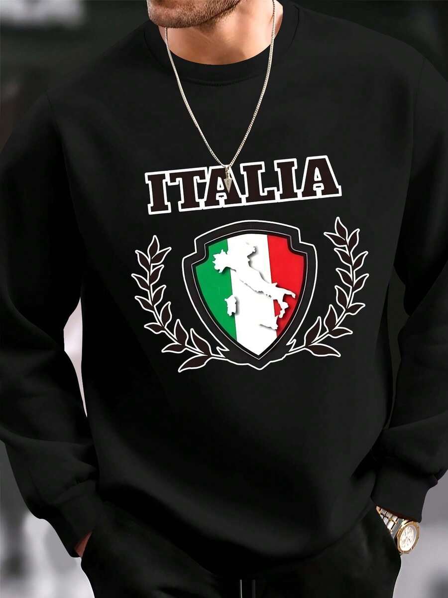Italia Print Men's Pullover Round Neck Long Sleeve Sweatshirt Loose Casual Top For Autumn Winter Men's Clothing As Gifts Leisure Holiday - Black - View 1