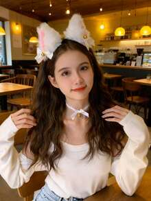 2pcs Women White Sexy Mesh Furry Ear Headband Bow Choker Bell Costume Accessories Prop, Halloween Gift, Party Supplies