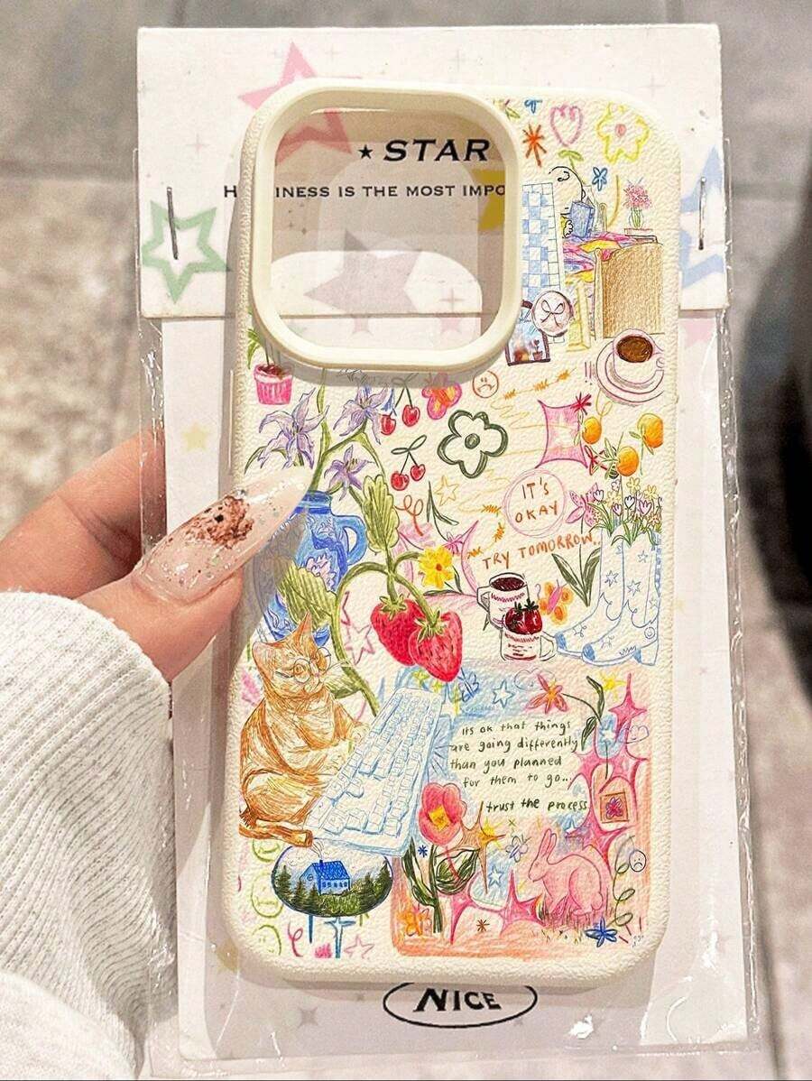 1pc Cute Cat & Strawberry Pattern Waterproof, Anti-Drop, Anti-Slip Soft Phone Case, Compatible With Apple And Phones Shockproof Scratch Resistant - 白色 - 查看 1