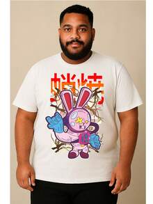 Camiseta Masculina Adulto Infantil Plus Size Casual Street Wear Algodão Premium Moda Coelho Aleatorio Rosa Anime Cartoon - Branco - Visão 4