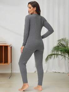 Set da donna casual, composto da top a maniche lunghe con collo rotondo in colore unito e leggings, 2 pezzi, taglie forti, adatto per autunno/inverno - Grigio - Visualizzare 10