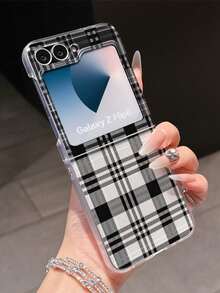 1pc Stylish And Minimalist Frosted PC Material Grid Stripe Element Folding Phone Case, Can Protect And Prevent Falling: SamsungGalaxy Zflip 3/Zflip 4/Zflip 5/Zflip 6/Zflip 7/ Find N3 Flip/ Razr 50 Ultra/ Razr 60 Ultra/ Razr 60/ Razr 50/XiaomiMIX Flip/Galaxy Z Flip7 FE - Black - View 8