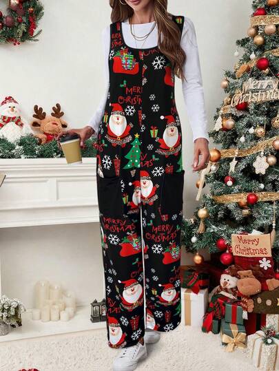 (No T - Shirt Included) Women's Christmas Santa Print Strappy Jumpsuit With Pockets, Casual Wide Leg Holiday Loungewear,Fashion Christmas Outfit For Women,Christmas Jumpsuit For Casual Daily Wear