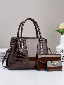 Set 3 Tas Tangan Wanita Kulit PU, Tas Tote Fashion Elegan dengan Dompet Koin dan Tempat Kartu, Tas Bahu Multifungsi Kapasitas Besar, Desain Bergaya dan Unik, Tersedia Berbagai Warna - Kopi - View 7
