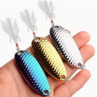 仿生金属勺形鱼饵套装 - 适用于淡水和咸水钓鱼的硬饵 - 包括金色、银色和彩色勺形鱼饵渔具配件