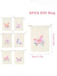 6件/1件亚麻蝴蝶抽绳迷你礼品袋，轻巧休闲可爱，粉色和紫色蝴蝶图案，附零钱包。这款多功能派对礼品袋非常适合迎婴派对、生日、主题庆典、圣诞节和万圣节。 - 米色 - 查看 6