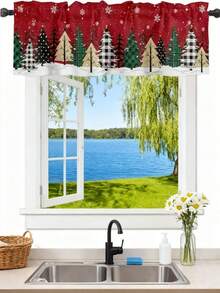 1 pieza Cenefa de ventana con estampado de árbol de Navidad y copos de nieve - Bolsillo para barra, de poliéster con filtro de luz para la cocina