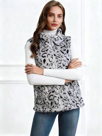Women's Leopard Print Sleeveless Zip-Up Casual Jacket, Autumn/Winter