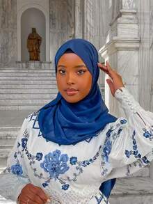 1pc Solid Color Soft Chiffon Beach Scarf, Modest Muslim Classic Headscarf, Suitable For Daily Use - Blue - View 2