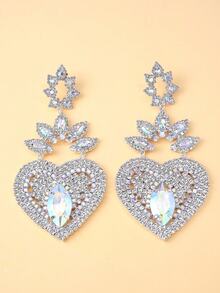 1 Pair Exaggerated Gold Heart Shaped Rhinestone Earrings, Luxury Design Jewelry Accessories For Women - Silver - View 8