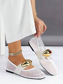 1 Par de Sapatilhas de Balé Francesas da Moda para Mulheres, Estilo Mary Jane, Plana, Sandálias com Recorte em Tela/Rede