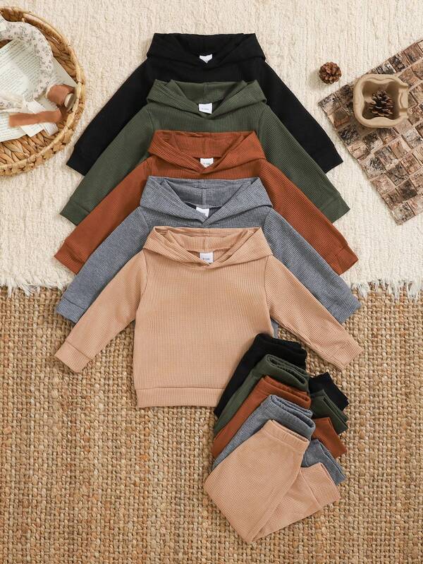10pcs/Set Baby Boys' Casual Hooded Long Sleeve Top + Pants, Multi-Color Options (Black/Gray/ Green/Beige/Caramel), Comfortable Fabric, Basic Casual Style, Essential For Autumn/Winter Outings