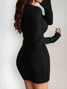 1 pièce Robe moulante en tricot de couleur unie, élégante et décontractée, convient pour la maison, les fêtes, le bureau, l'automne/l'hiver - Noir - Voir 4