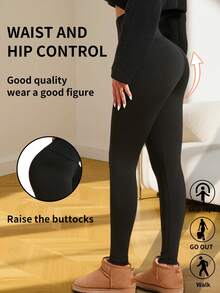 Women's Autumn & Winter Warm Pants - Fleece-Lined Brushed Slimming Leggings With Tummy Control, Butt Lifting, Zipper, Pockets & Yoga Function - 黑色 - 查看 2