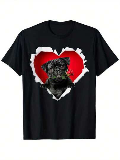 Camiseta de San Valentín con corazón de rosa y perro pug negro para parejas, hombres y mujeres, adecuada para camisetas al aire libre de hombres y mujeres, 100% algodón, tallas S-XXXL
