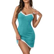Sexy Lace Strap Babydoll Chemise Nightgown V Neck Full Slip Nightdress, 2025 Fashion Style - 淺藍色 - 查看 4