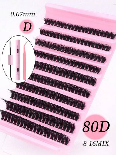 200 cachos em D, cílios postiços, cílios postiços agrupados, 80P/80D, com estilo cacheado espesso e confortável, grosso e fofo, 8-16 mm, conjunto de cílios postiços + cola + pinça, compra única, presente de Eid Al Fitr