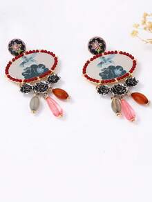 Brincos Pendentes com Borla de Pássaro e Floral ZAA, Decoração Floral Metálica Colorida com Várias Gemas, Brincos de Liga e Resina em Estilo Artístico Retrô Exagerado, Acessório Casual e Versátil para Mulheres, Adequado para Uso Diário e Festas