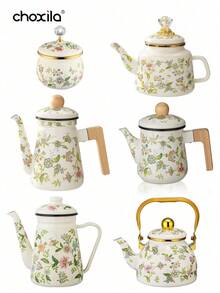 1 buc cafetieră emailată, fierbător, fierbător cu model floral, cafetieră de mare capacitate de 1,2 l, cafetieră cu mâner, cafetieră cu gură îngustă, oală de fierbere, oală de fierbere acasă, ceainic, potrivit pentru aragaz electric, prepararea cafelei sau a ceaiului pe gaz