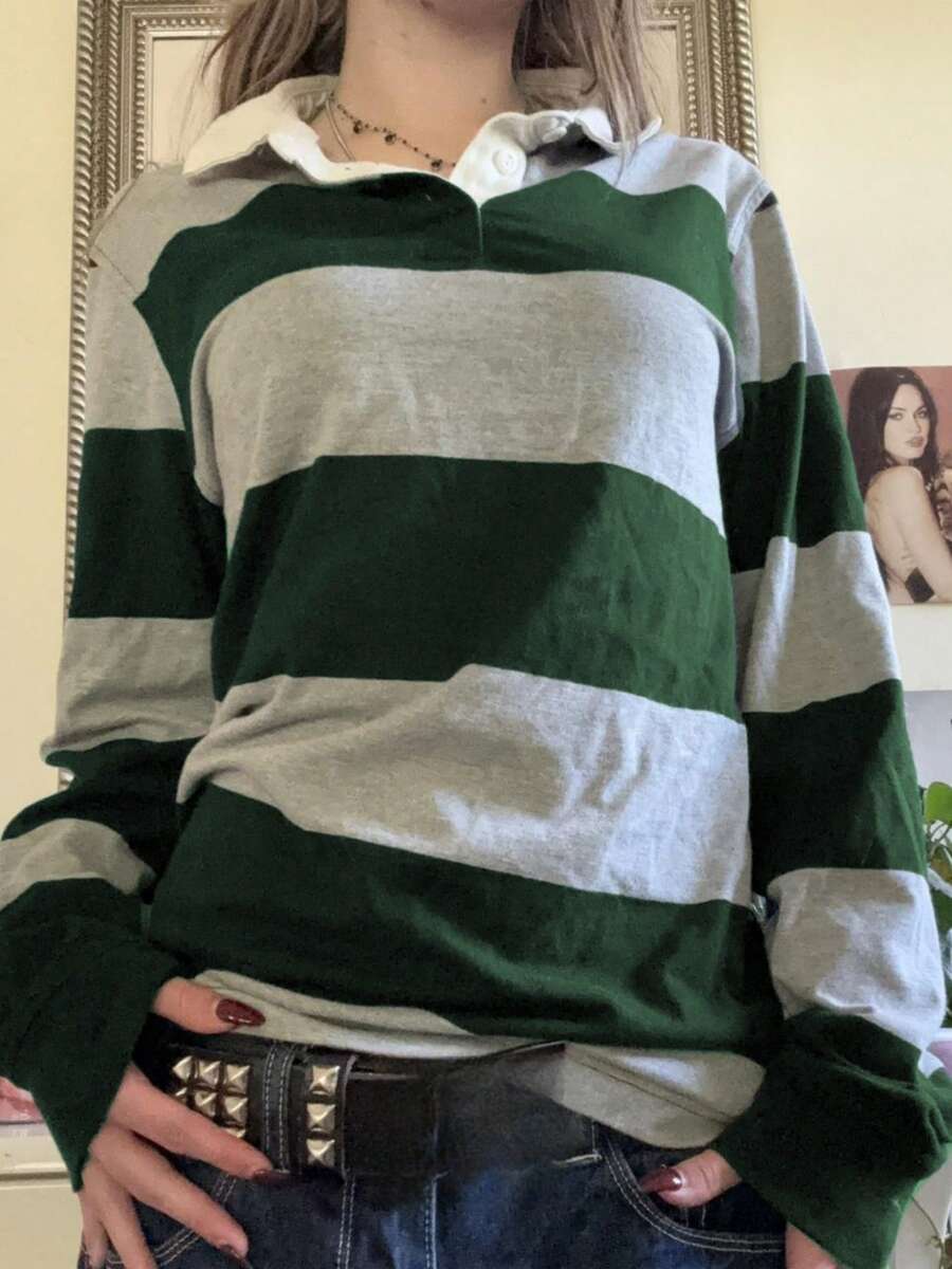 Women Striped Polo Shirt Fairy Grunge Long Sleeve Casual Pullover Top Loose Fit T Shirt Fall Spring Shirt Vintage Aesthetic Clothes Retro Streetwear 90s - Màu xanh lá cây đậm - Xem 1