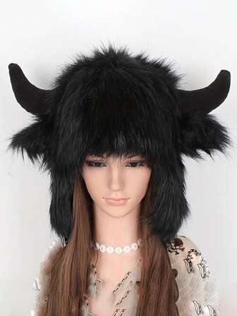 女式骷髅渔夫帽，带仿皮毛角 - 冬季保暖耳罩，柔软仿貂皮材质，适合寒冷天气的时尚配饰，牛头帽，户外头饰，万圣节装饰帽，个性化语音头饰，保暖头饰，女性必备