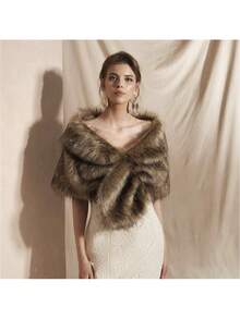 1pc Women's Faux Fur Shawl, Champagne Color, Thick Artificial Fur Bridal Shawl, Warm Accessory For Evening Gown, Gift For Women, Holiday Outfit