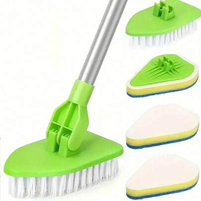 Cepillo de limpieza con mango largo 2 en 1 Cepillos de piso de baño extensibles con 1 cerdas rígidas y 3 cepillos de esponja con mango largo Cepillo de azulejos desmontable Limpiador ligero para bañera y ducha