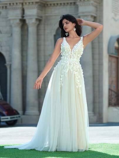 YOUKEFEIER Djup V-ringad spetsbroderad lång brudklänning med 3D-blommor