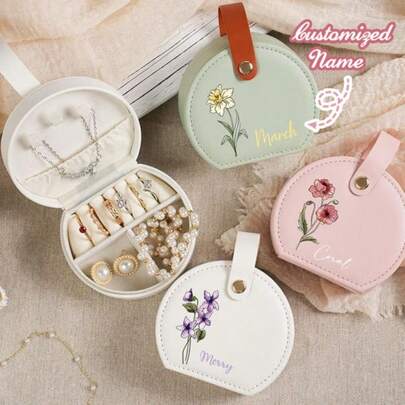 Custom Mini Jewelry Box With Birthday Flowers And Name, Travel Jewelry Box, Personalized Leather Travel Box, Suitable For Bridesmaids, Weddings, Birthdays Gifts