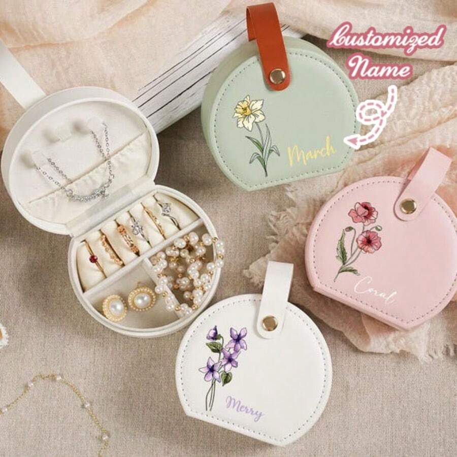 Hộp đựng trang sức mini tùy chỉnh trang trí hoa sinh nhật và tên, hộp đựng trang sức du lịch bằng da cá nhân hóa, thích hợp làm quà tặng cho phù dâu, đám cưới, sinh nhật, quà tặng ngày lễ.