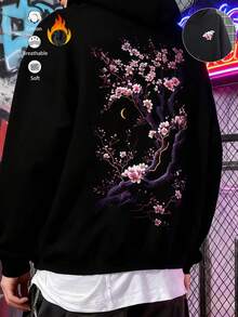 日式樱花图案男士宽松休闲连帽衫，舒适街头时尚 - 黑色 - 查看 1
