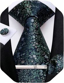 Conjunto de corbata de seda con estampado floral, incluye pinza de corbata, pañuelo y gemelos - Azul marino y verde - View 1