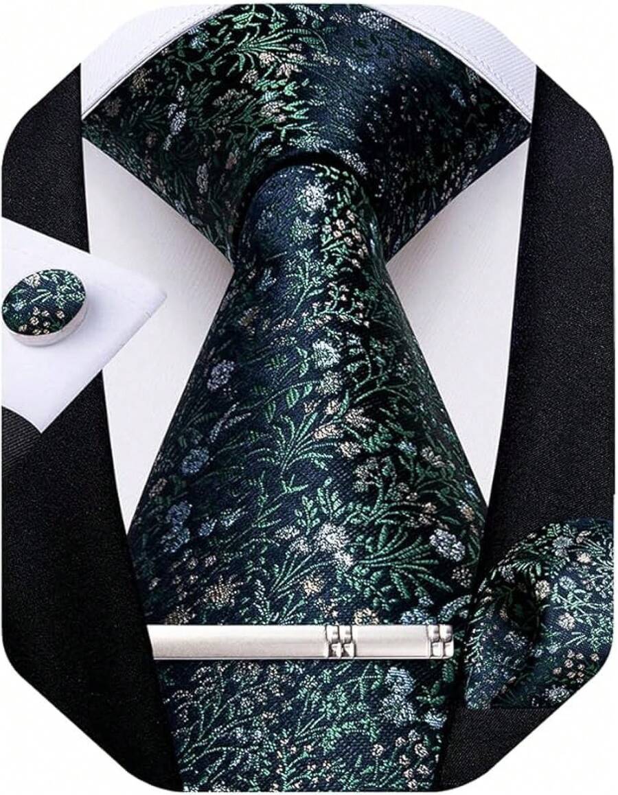 Conjunto de corbata de seda con estampado floral, incluye pinza de corbata, pañuelo y gemelos - Azul marino y verde - View 1