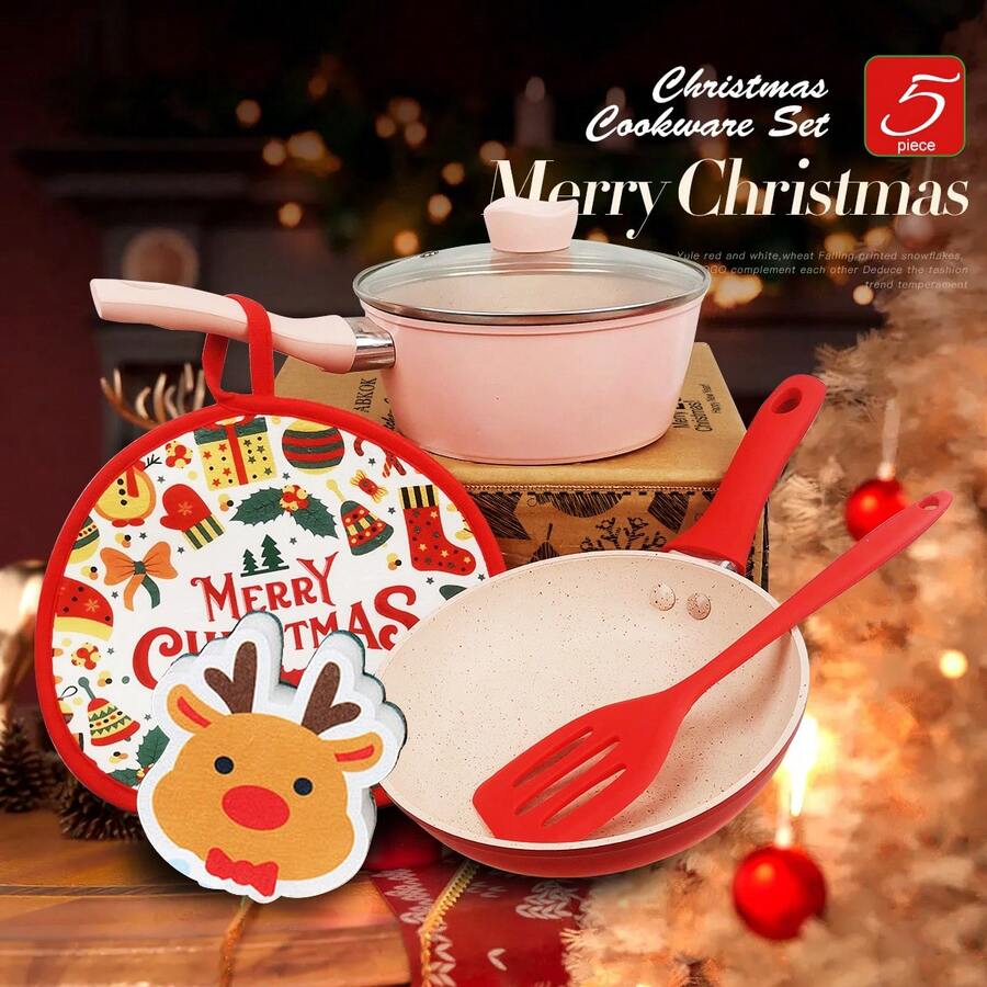 ABKOK Aluminum Nonstick Cookware Set - 3 Pieces Frying Pan & Saucepan With Heat-Resistant Silicone Tools (Up To 260°C, Induction Compatible), Family Dinner Supplies, Christmas Party Supplies