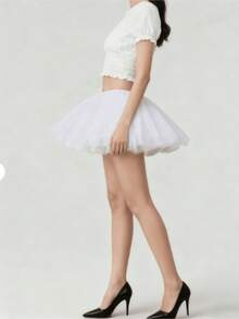 白色蓬蓬薄纱洛丽塔衬裙，女士角色扮演舞会礼服新娘无骨衬裙芭蕾舞裙短款衬裙，适合娇小身材穿着，尤其适合纤细苗条的身材。 - 白色 - 查看 2