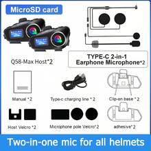 1/2pcs Q58 Max Motorcycle Helmet Bluetooth Intercom, IP65 Waterproof, 500m Intercom Range, Multi-Scene Mixing, Music Sharing, With LCD Screen And LED Flashlight, Support Mixing, Music Sharing, EQ Sound Effects, MP3 Format, Max 32GB Storage Card, Suitable For Full-Face And Half-Face Helmets, Christmas/New Year/Holiday/Christmas Edition Gift