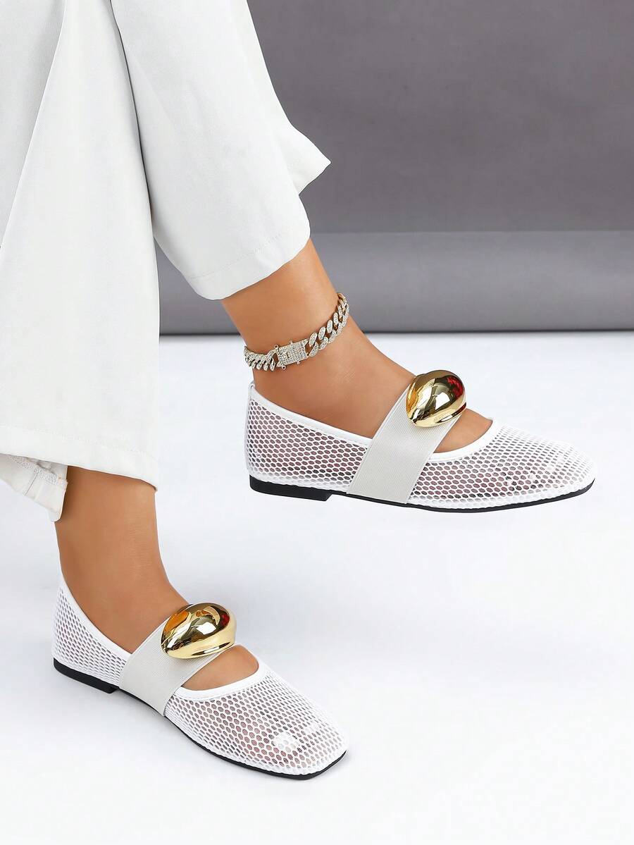 1 Par de Sapatilhas de Balé Francesas da Moda para Mulheres, Estilo Mary Jane, Plana, Sandálias com Recorte em Tela/Rede