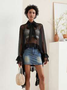 Women's Ruffled Tops Bow Tie Design Stylish Solid See Through Loose Fit V Neck Long Sleeve Blouses Perfect For Summer - màu đen - Xem 4