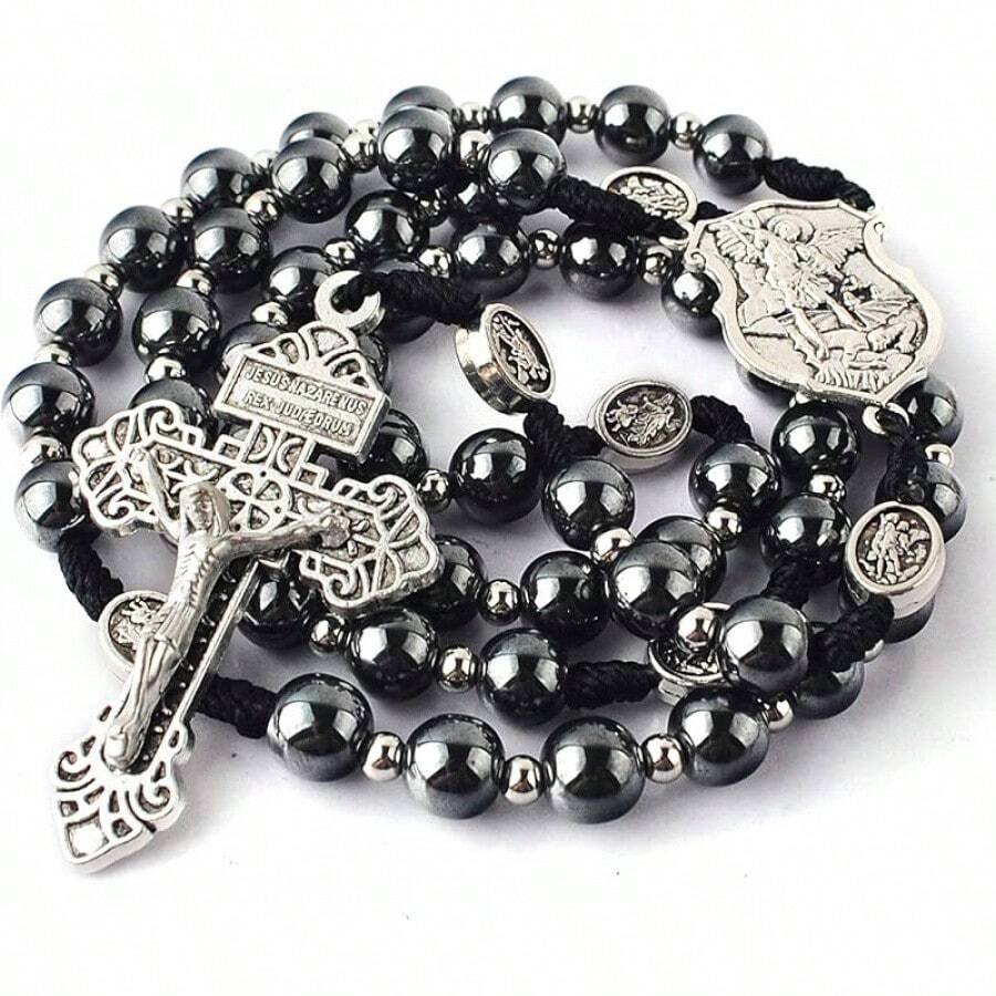 Hematite Rosary Necklace With Black Stone & Stainless Steel Beads, 48cm - 聖米迦勒玫瑰經 - 查看 1