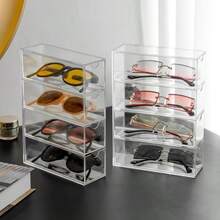 4-Layer Acrylic Eyeglasses Display Box, Stackable Desktop Sunglasses Storage Organizer, Dust-Proof Stationery Drawer-Style Rack