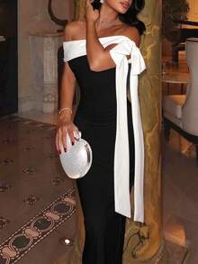 Vestido largo elegante de mujer StyleQye, de unicolor, elegante, con nudo y abertura, adecuado para fiestas, citas nocturnas, bodas