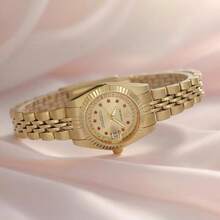 PROKING 1pc Women's Stainless Steel Gold-Tone Case & Band Business Fashion Red Crystal Quartz Watch, Elegant & Luxury, Suitable For Daily Decoration, Birthday Gift - Gold - View 3