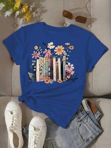 Women's 220g pure cotton T-shirt, printed with fashionable books and floral patterns, floral style, soft and breathable in autumn, moisture wicking, , recent popular  T-shirt, suitable for casual wear, the best gift choice - Azul - Ver 1