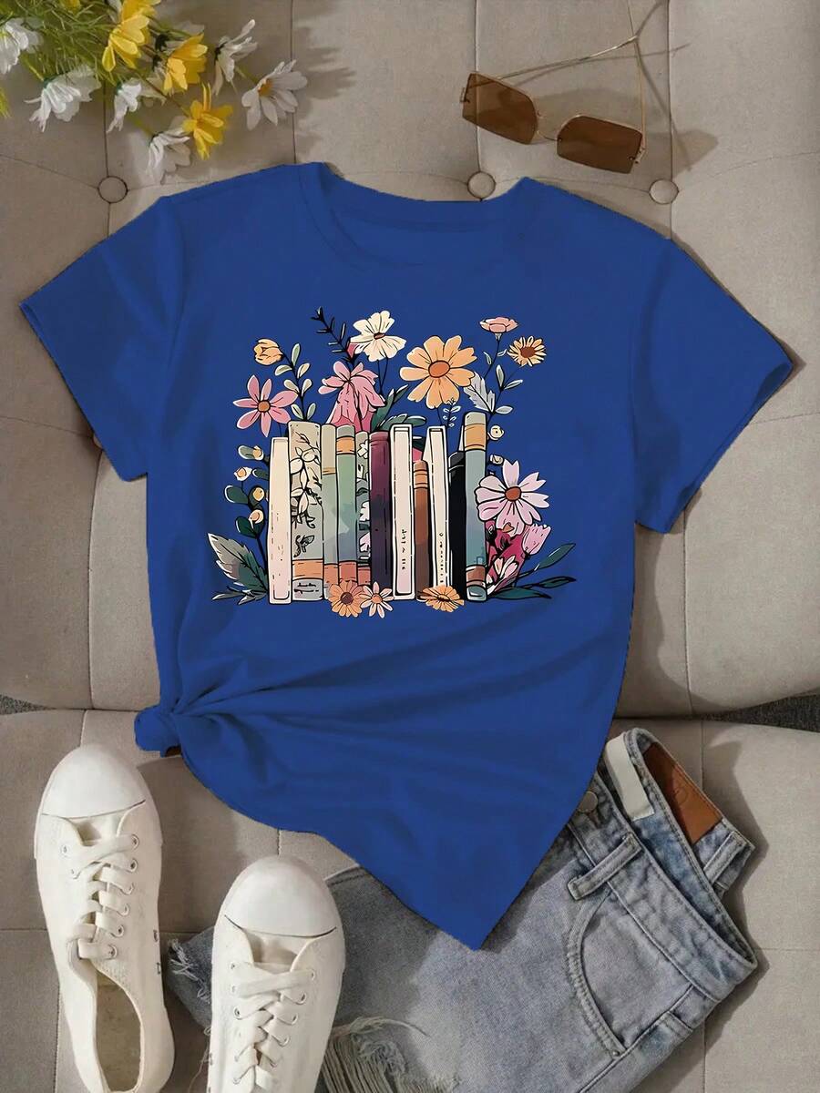 Women's 220g pure cotton T-shirt, printed with fashionable books and floral patterns, floral style, soft and breathable in autumn, moisture wicking, , recent popular T-shirt, suitable for casual wear, the best gift choice - Azul - Ver 1