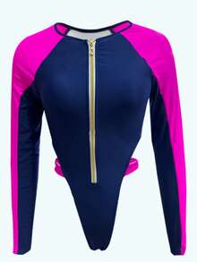 Sexy Colorblock Long Sleeve One-Piece Swimsuit Zipper Cutout Strappy Surf Beach Swimsuit Women's - Nhiều màu - Xem 5