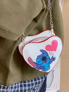 Stitch Individual Print Heart Shaped Pouch, Multiple Adorable Cartoon Designs Available, High-Quality PU Material, Lightweight Zipper Closure, Metal Chain Strap, Anime Fan Collectible Peripheral, Adds Vibrancy & Romance To Daily Outfits, .