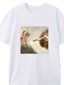 Humorous Cat And Adam Creation Parody Graphic Women Men T-Shirt Casual O-Neck Tee Fit Short Sleeve For Adult Summer Casual Top - 白色 - 查看 1