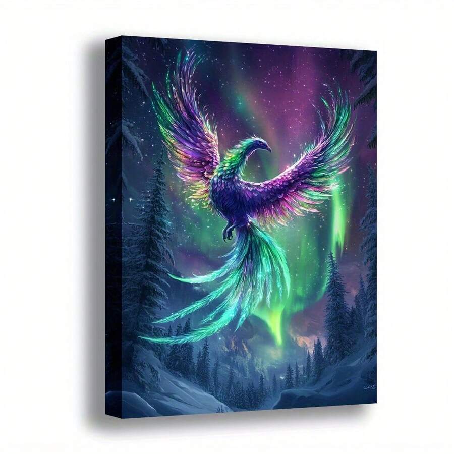 1pc, Majestic Phoenix Canvas Wall Art, Vibrant Aurora Borealis Northern Lights Forest Scene Print, Fantasy Mythical Bird Artwork, Stretched Gic Canvas Decor For Living Room Bedroom Office, Stunning Visual Art Piece With Eye-Catching Colors, Ready To Hang - Nhiều màu - Xem 1