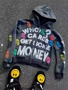 2025 American Style Letter Foam Printed Zip-Up Hoodie For Men, Loose Fit Sweatshirt, Vintage Street Hip-Hop Style - 黑色 - 查看 5