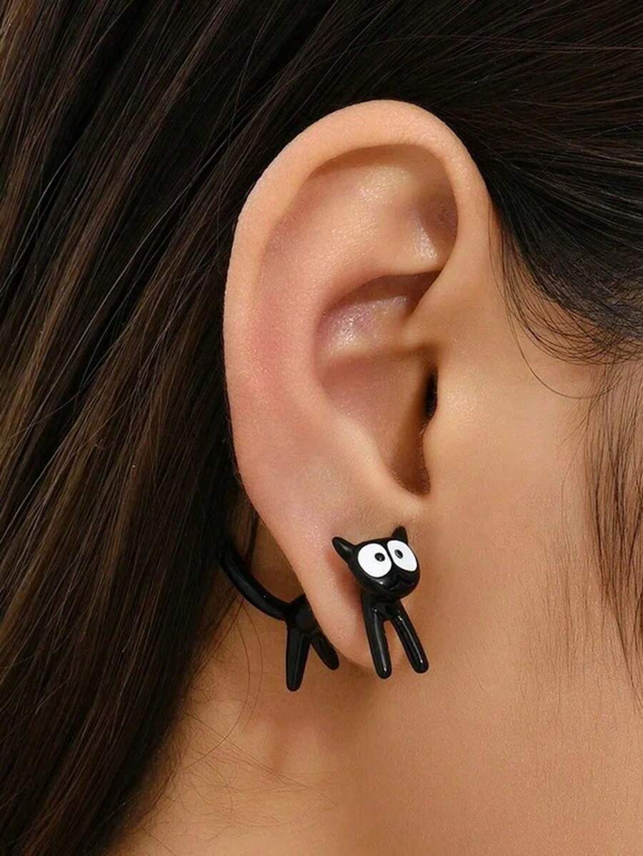 2 piezas Pendientes de gato negro lindos, pendientes de animal de moda de gatito, adecuados para niñas, joyas perforadas elegantes para fiestas y vacaciones - Multicolor - Ver 1